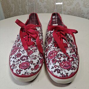 Keds Size 8 Red PInk White Floral Lace Up Sneakers Model #WF48567M